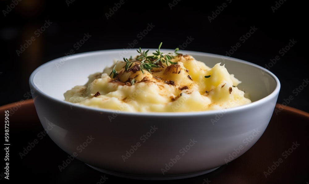 a white bowl filled with mashed potatoes topped with herbs. generative ai a white bowl filled with mashed potatoes topped with herbs. generative ai