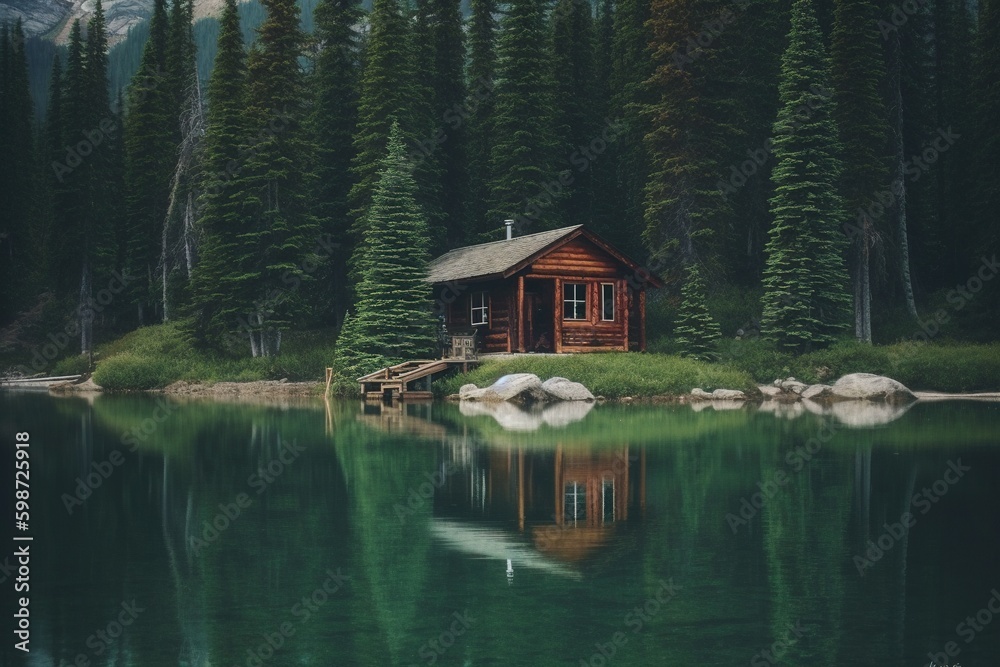 Fototapeta premium A wooden house by the lake by the forest. Generative AI.