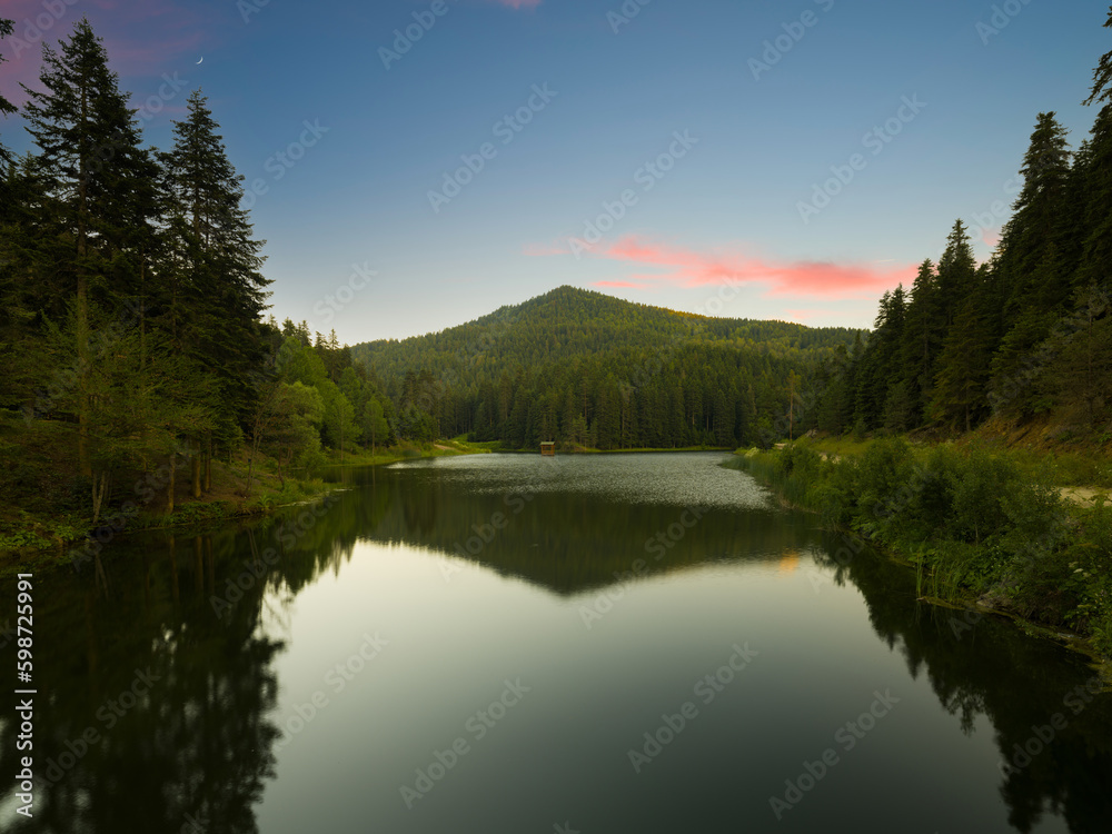 View of calm forest lake after sunset. Mountain lake in summer.