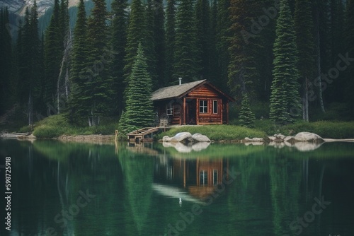 A wooden house by the lake by the forest. Generative AI.