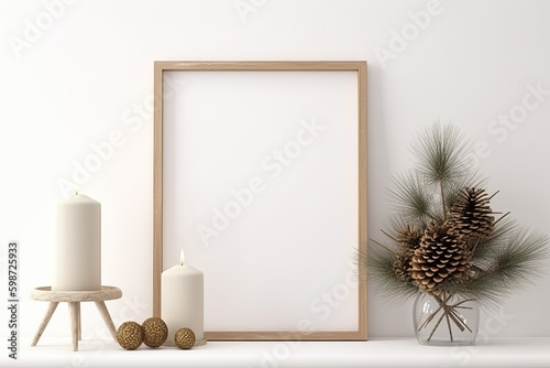 Christmas frame mockup in white interior with simple wooden decoration and plant branches. 3D rendering, illustration