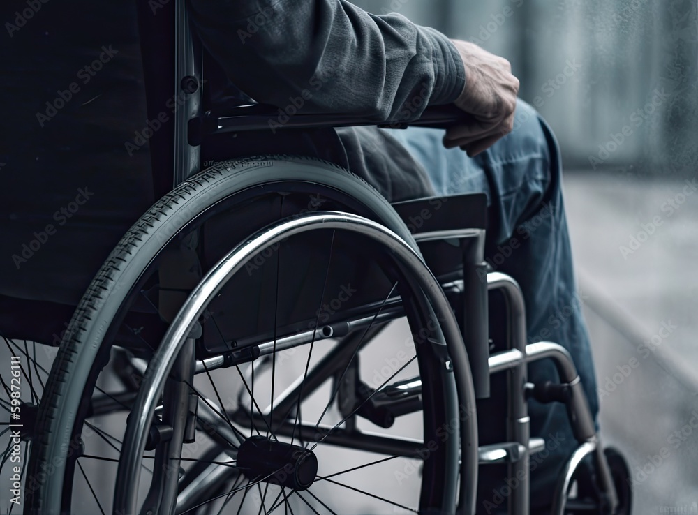 Fototapeta premium A disabled man on a wheelchair in the office Young man with disabilities in Asia. A man on a wheelchair Recovery and health care ideas Teamwork in Office created with Generative AI technology