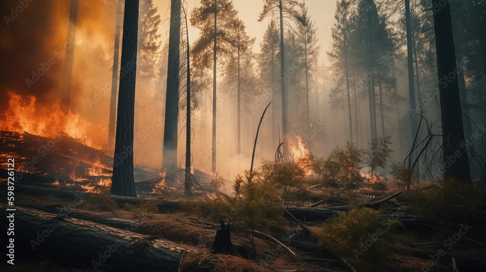 A wildfire raging through a forest. Generative AI.