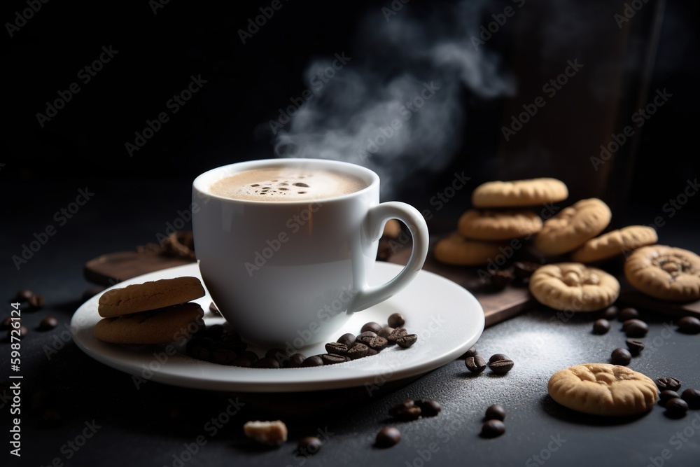 A white cup of coffee with steam and yummy small cookies. Generative AI. A white cup of coffee with steam and yummy small cookies. Generative AI.