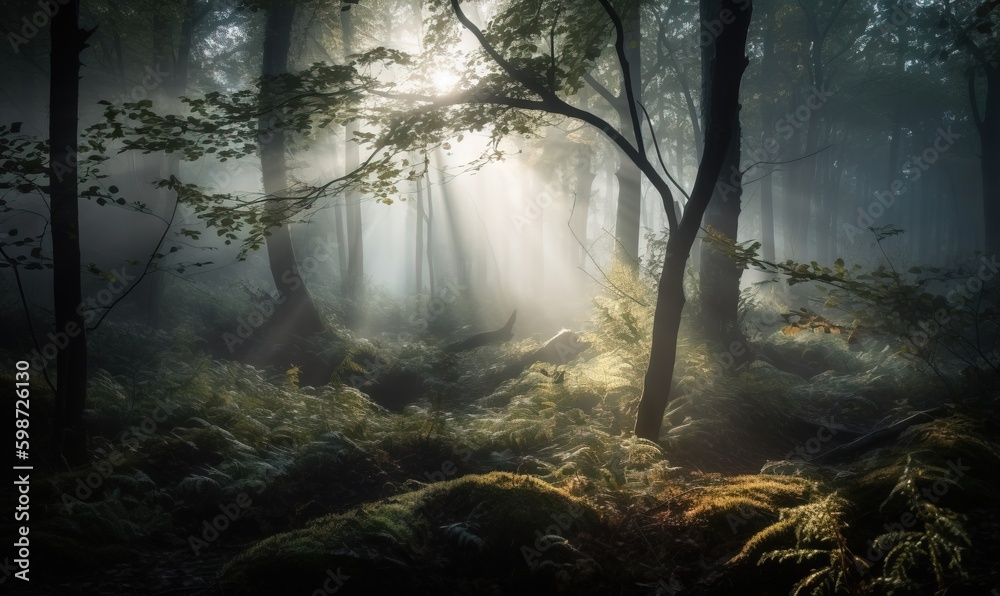  a forest filled with lots of green trees and ferns covered in sunlight.  generative ai