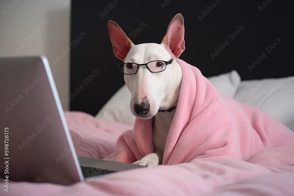 Bull terrier sitting in a bed while using a laptop wearing pink hoodie. Generative AI.