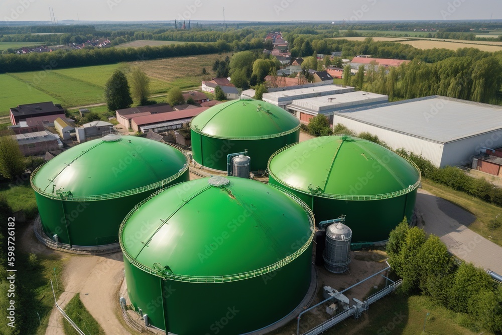 Aerial view of biogas factory. Generative AI.