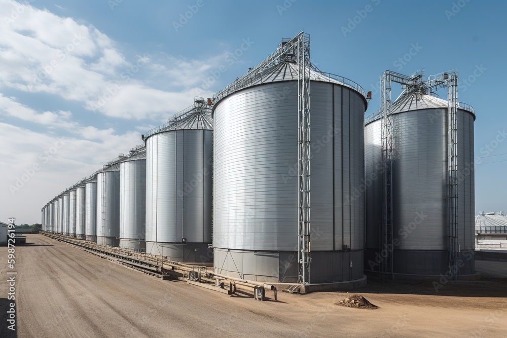 Agroprocessing industrial facility - grain elevators and silos. Generative AI. Agroprocessing industrial facility - grain elevators and silos. Generative AI.