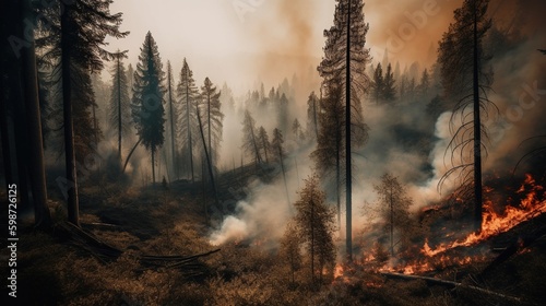 A wildfire raging through a forest. Generative AI. © Bargais