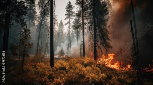 A wildfire raging through a forest. Generative AI. © Bargais