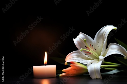 illustration, lily and burning candles on a dark background, ai generative
