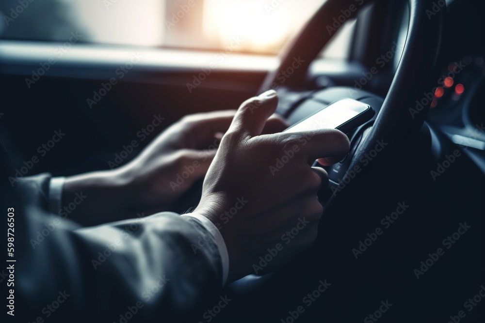 Man using a smartphone while driving a car. Generative AI.