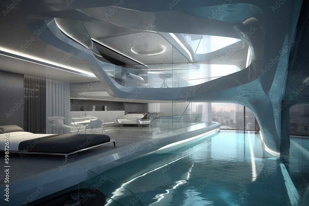 Hotel with glass balcony pools. Generative AI.