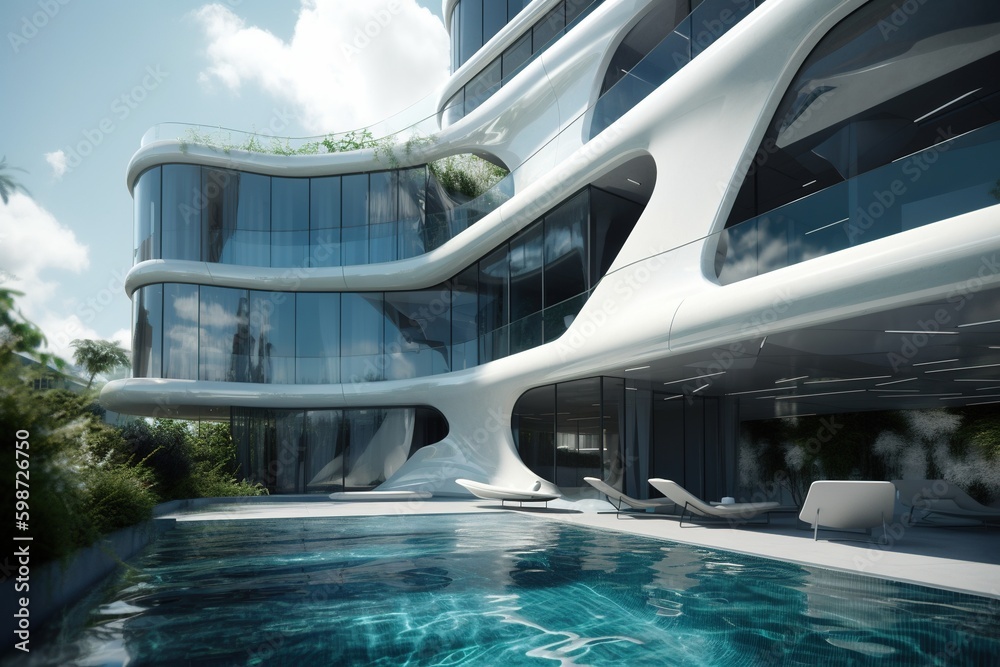 Hotel with glass balcony pools. Generative AI.