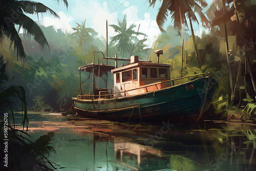 An old  rustic fishing boat anchored in a quiet harbor. generative AI