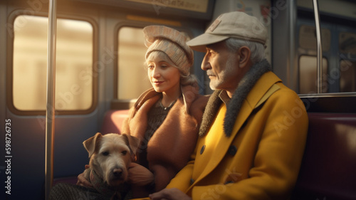 A man and woman sitting on a train or metro with a little sweet dog, with berets, white beard and hair, cinematic bright sunny daylight, film style . Ai generative emotional illustration