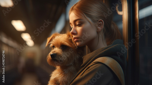 AI image captures the bond between a teenage girl and her funny dog on a train. In the warm neon light of a metro, in the night, highlights the love shared between them. Concept of Travel with pets