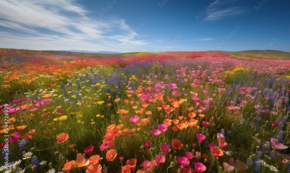  a field full of colorful flowers under a blue cloudy sky.  generative ai
