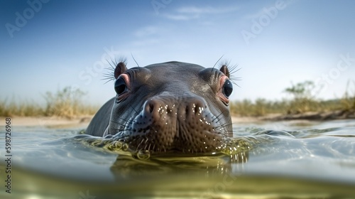 Cute hippo swimming underwater. Generative AI.