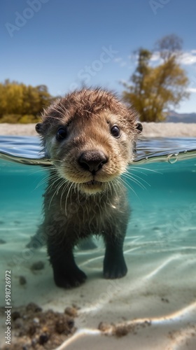 Cute sea otter swimming underwater. Generative AI.