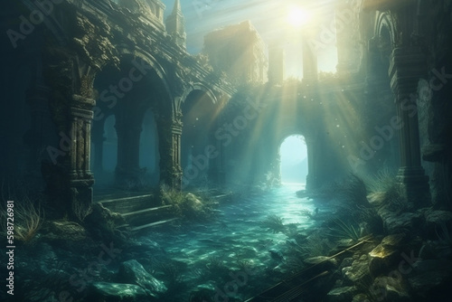 ancient mystical city submerged underwater. generative AI