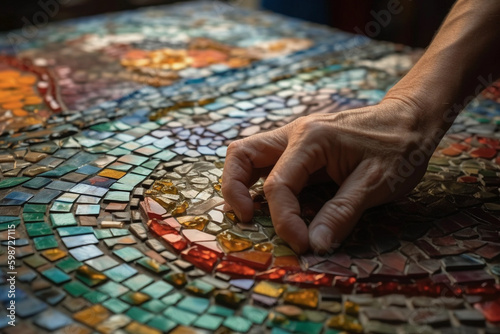 artist's hand applying colorful mosaic tiles. generative AI