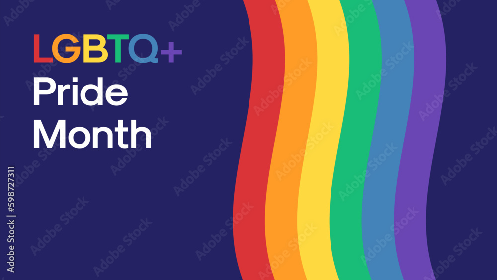 LGBTQ+ Pride Month Banner. LGBTQ+ Pride Month Text on Dark Blue Background with Pride Flag Illustration. Vector Banner Template for Pride Month
 - obrazy, fototapety, plakaty 