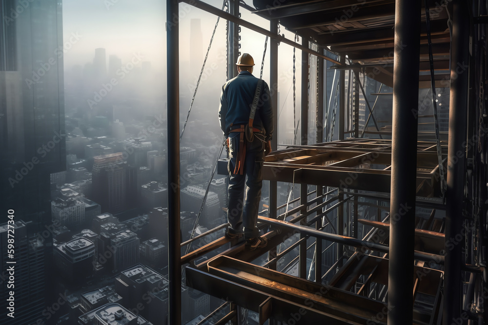Back view of a construction worker building. generative AI Back view of a construction worker building. generative AI