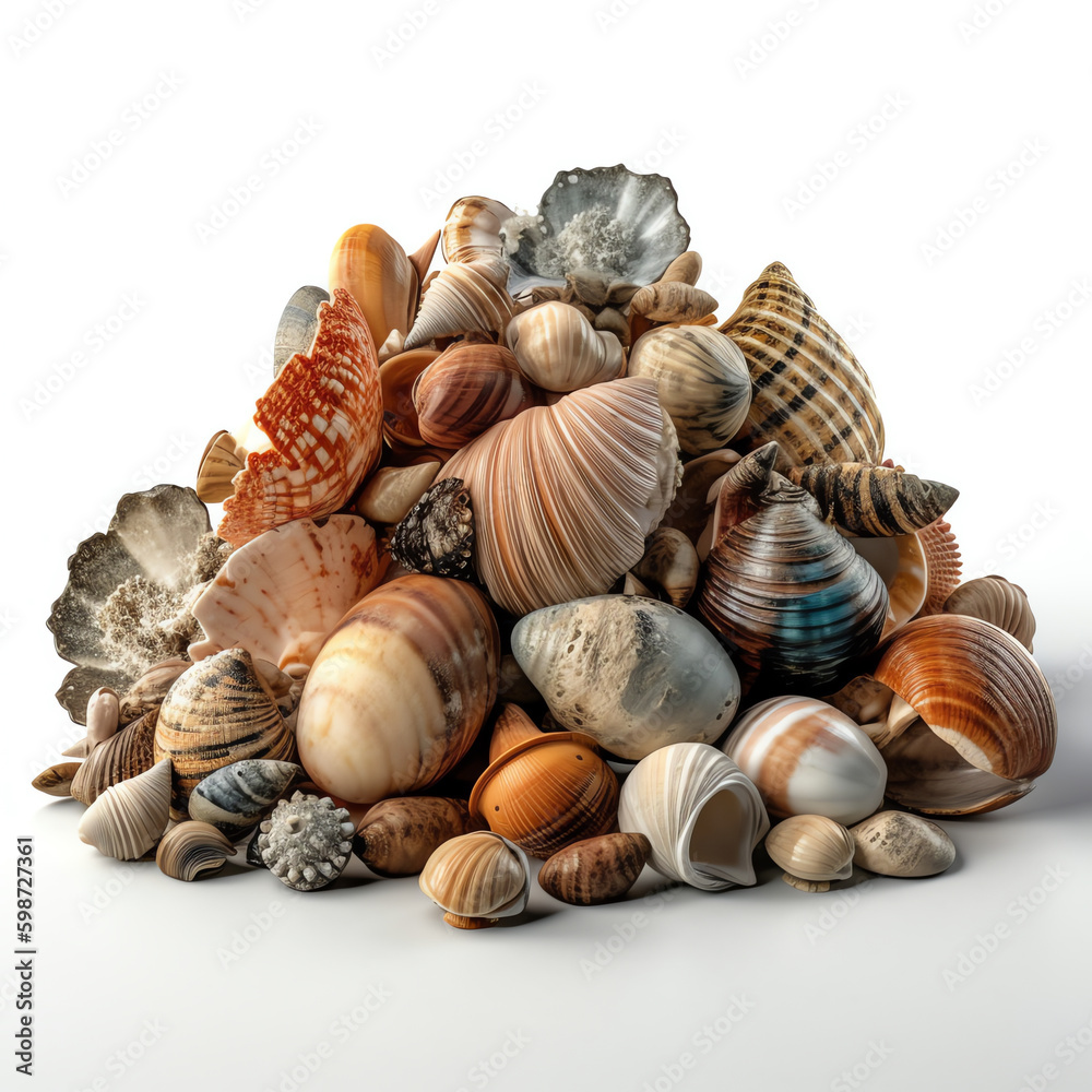 assorted seashells, isolated white object. generative AI
