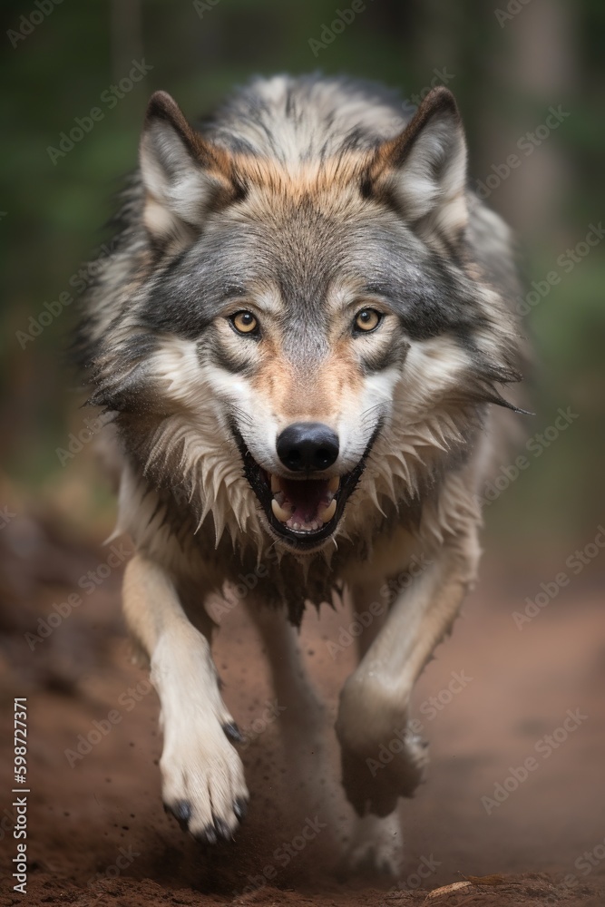 Wolf running snarling with teeth. Generative AI.