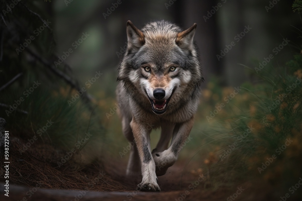 Fototapeta premium Wolf running snarling with teeth. Generative AI.