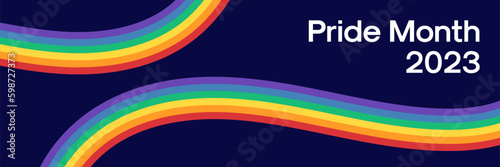 Pride Month Banner. LGBTQ+ Pride Month Banner with Rainbow Flag Wavy Stripes. Vector Web Banner Template for LGBT Gay Pride Month.