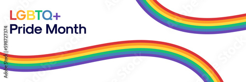 Pride Month Banner with Rainbow Stripes. Vector Design for LGBTQ+ Pride Month Web Banner with Text and Rainbow Pride Flag Stripes on White Background. Design Template for Gay Pride Banner.