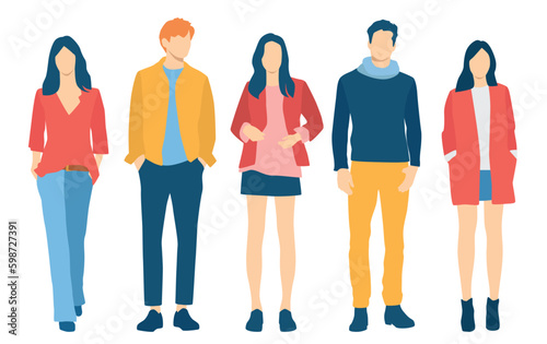 Set of young men and women, different colors, cartoon character, group of silhouettes of standing business people, students, the design concept of flat icon, isolated on white background