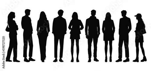 Vector silhouettes of  men and a women, a group of standing  business people, profile, black color isolated on white background