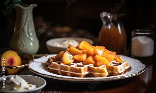  a plate of waffles with fruit on the side.  generative ai