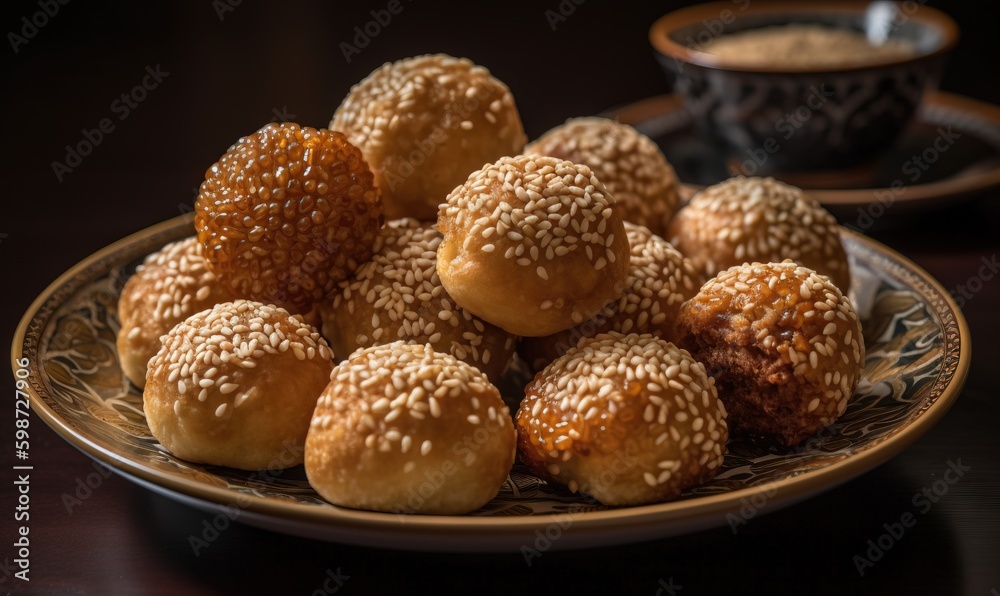  a plate full of sesame seed rolls with a cup of coffee in the background.  generative ai