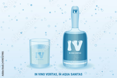 Abstract alchohol bottle and a glass with liquid on a background with bubbles. Latin text In wine there's truth, in water there's good health.