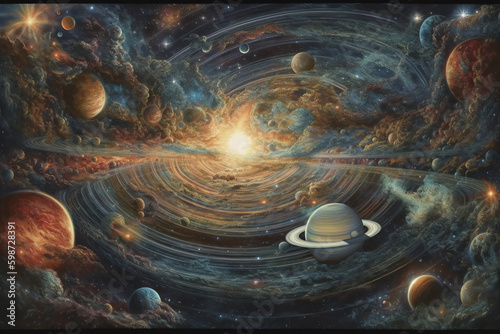 celestial bodies, featuring glowing planets, brilliant stars. generative AI