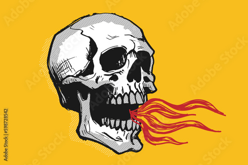 vintage sketchy skull with flames coming out of the mouth