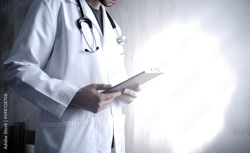 Quality Medical Services. Unrecognizable Male Doctor In Uniform Taking Notes To Clipboard While Standing In Hospital Corridor, Cropped Image, Panorama created with Generative AI technology - obrazy, fototapety, plakaty 