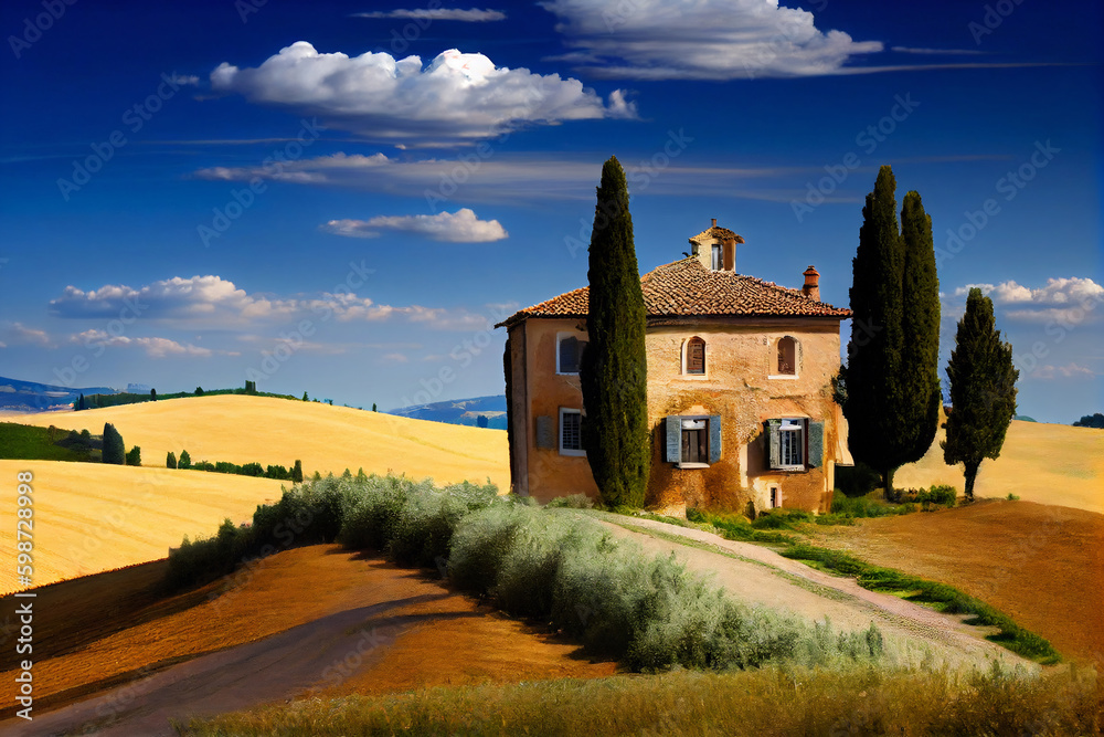 Fototapeta premium Typical Tuscan old farmhouse with a beautiful landscape in the background. View on the facade. Illustration
