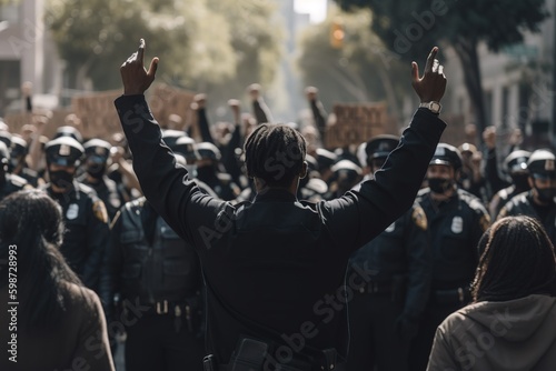 Back view of police men protesting in the streets. Generative AI © Pajaros Volando