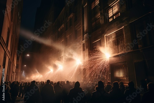 Nighttime demonstration with flares and torches illuminating the atmosphere, with the shadows of people reflected on the walls of buildings. Generative AI