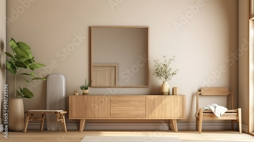 Mock up frame in home interior background, beige room with natural wooden furniture. Generative Ai