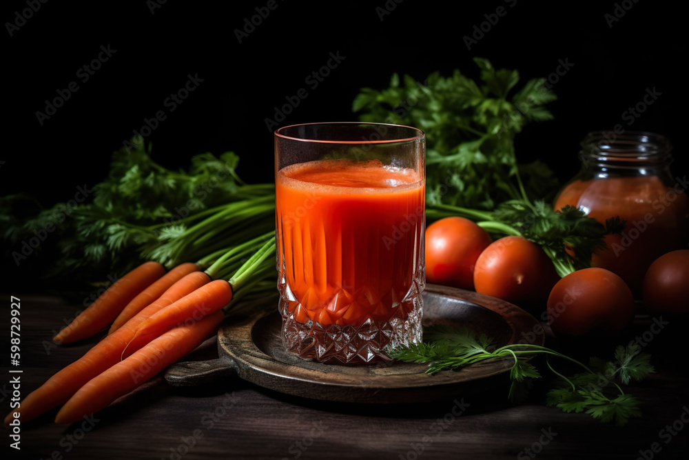 Fresh carrot juice with fresh carrots on a wooden table, dark background. Generative AI Fresh carrot juice with fresh carrots on a wooden table, dark background. Generative AI