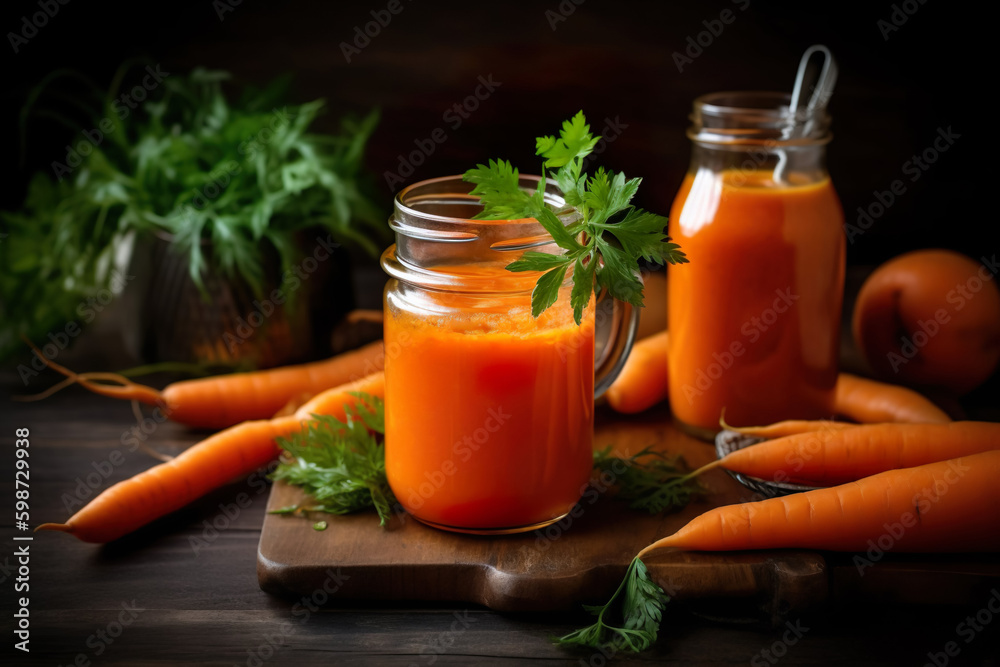 Fresh carrot juice with fresh carrots on a wooden table, dark background. Generative AI Fresh carrot juice with fresh carrots on a wooden table, dark background. Generative AI