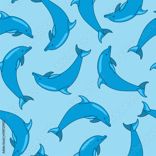 Vector seamless pattern with cute dolphin on blue background. Hand drawn ocean animal. Cartoon character.