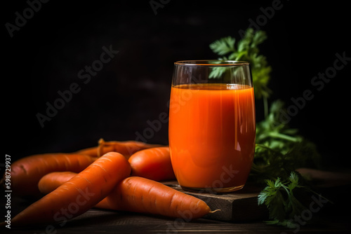 Fresh carrot juice with fresh carrots on a wooden table, dark background. Generative AI