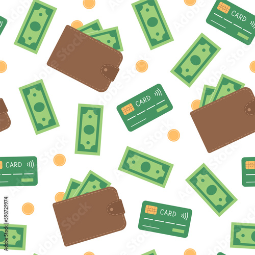 Seamless pattern with wallet, green paper banknotes, coins and credit cards. Money, finance texture. Vector flat illustration isolated on white background